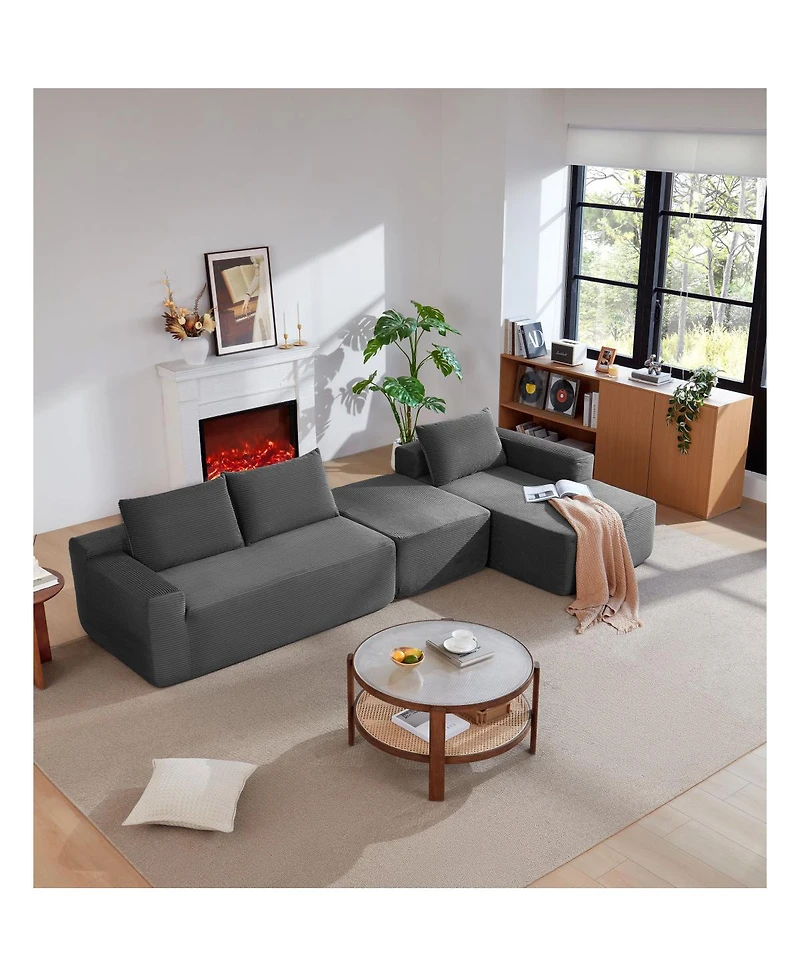 Streamdale Furniture 105.7" Gray Corduroy U-Shaped Cloud Sectional Couch with Chaise, Deep Seat