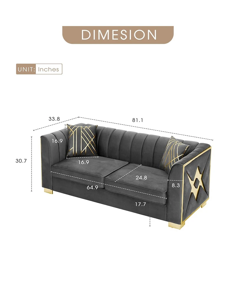 Streamdale Furniture Velvet Button Tufted Sofa Couch with 2 Pillows, 3 Seater Chesterfield Sofa Set