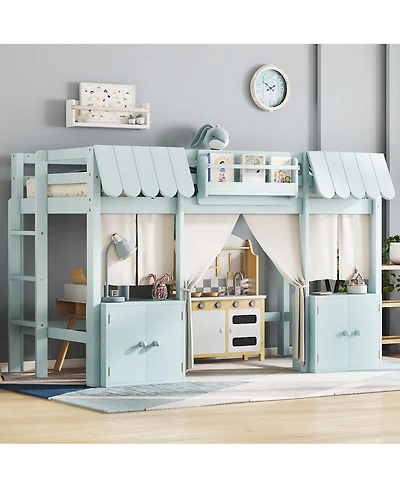 Streamdale Furniture Streamdale Twin Loft Bed with Bookshelf, Curtain, Storage, Playful Design, Blue