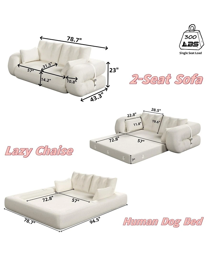 Streamdale Furniture Human Dog Bed, Lazy Sofa Couch, 78.7" Foldable Sofa Bed, 3-in-1 Teddy Fabric Sleeper Sofa Bed