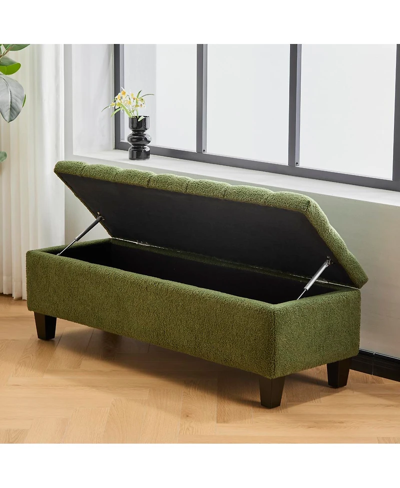 Streamdale Furniture Ottoman Bench with Storage, Green Boucle, Rubber Wood Legs, 300 lbs Cap