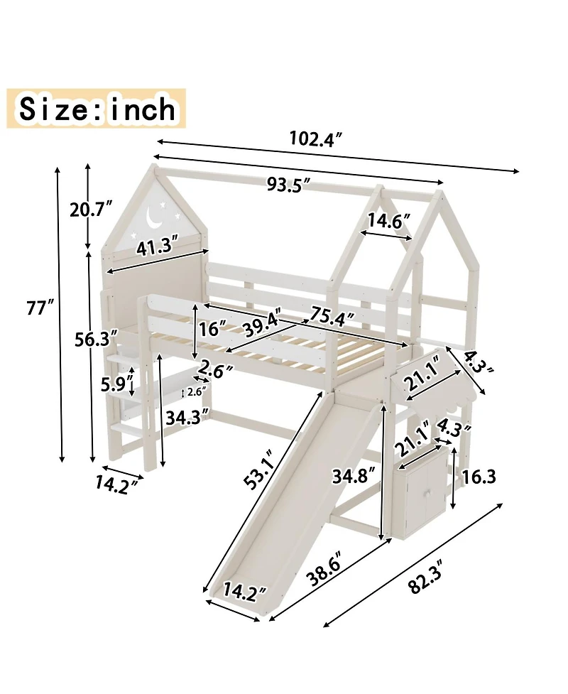 Streamdale Furniture Twin Size Loft Bed with Bookshelf and Slide - Kids House-Shaped Design