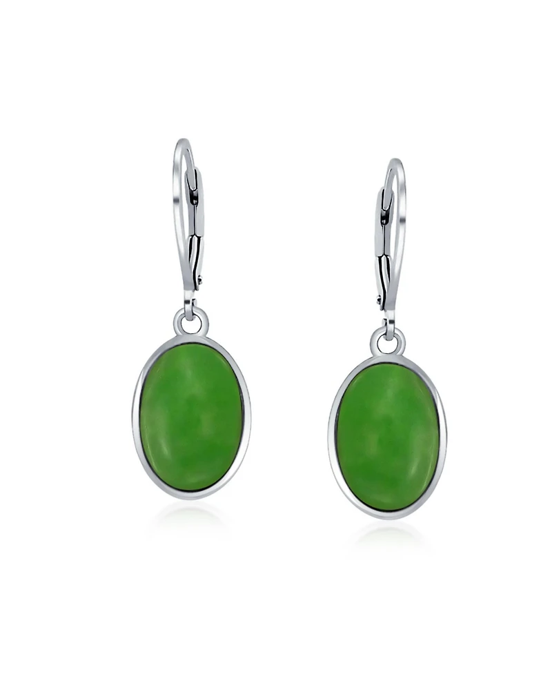 Bling Jewelry 3.2CT Bezel Simulated Jade Green Quartz Oval Dangle Earrings .925 Sterling Silver Set Lever-back