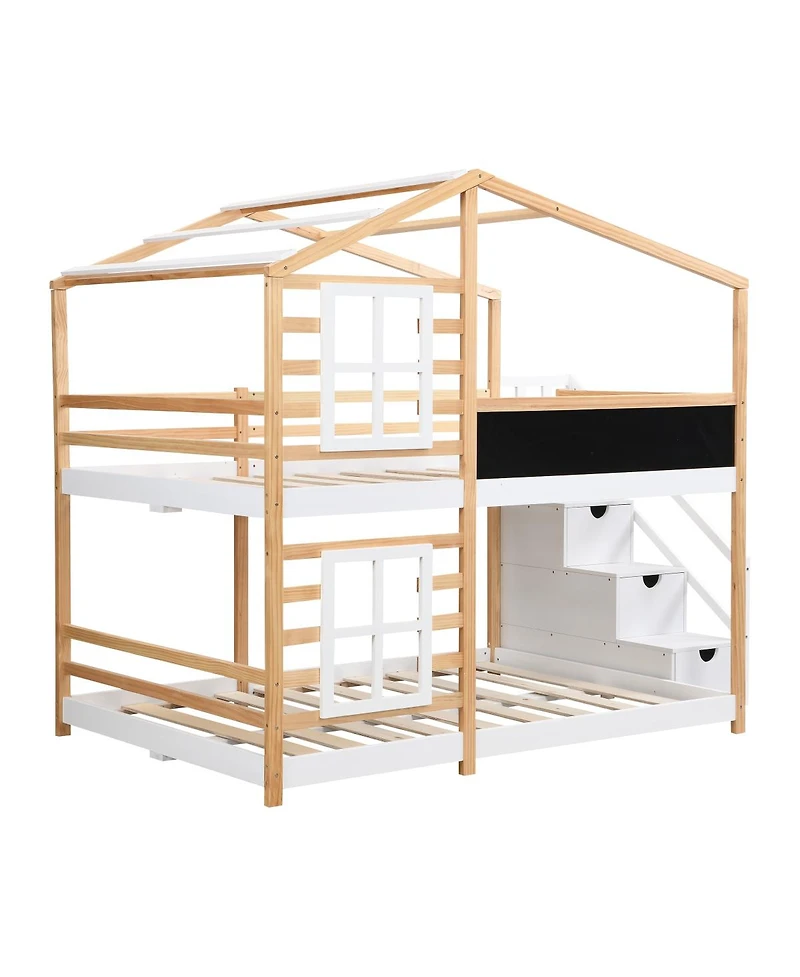 Streamdale Furniture Full over Full Bunk Bed House Bed with Roof, Windows, Blackboard, Storage Ladder