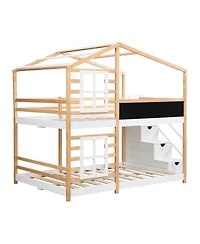 Streamdale Furniture Full over Full Bunk Bed House Bed with Roof, Windows, Blackboard, Storage Ladder