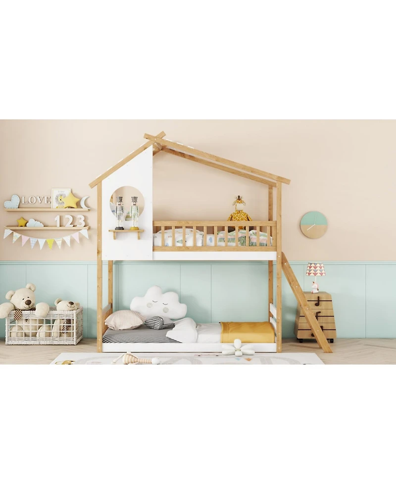 Streamdale Furniture Twin Over Twin Bunk Bed with Roof, Window, Ladder