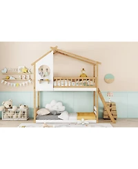 Streamdale Furniture Twin Over Twin Bunk Bed with Roof, Window, Ladder