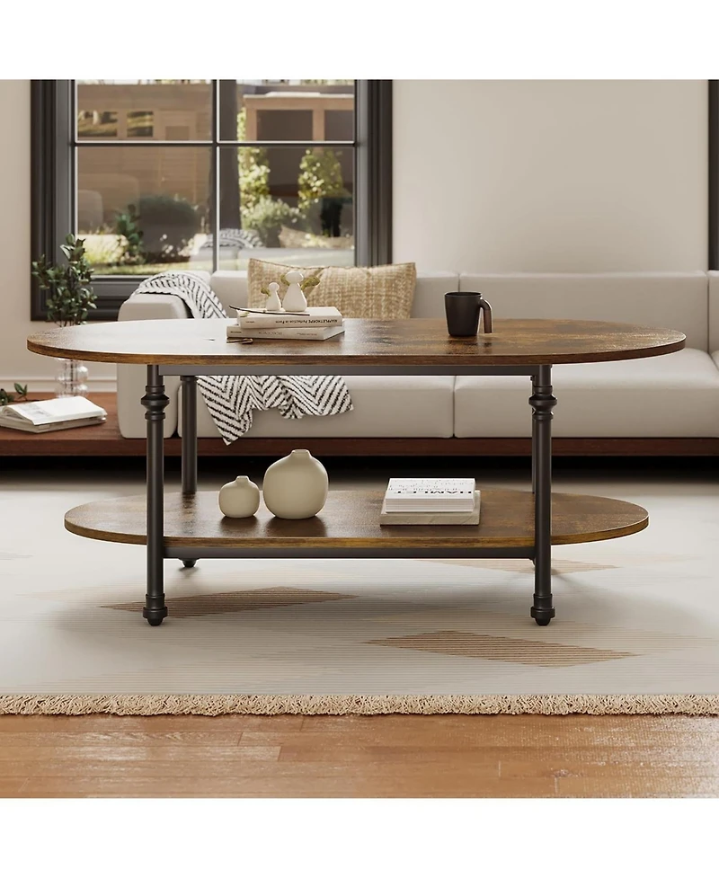 gaomon Farmhouse Oval Coffee Table, 2 Tier Center Table with Open Storage, Modern Industrial Tea Table