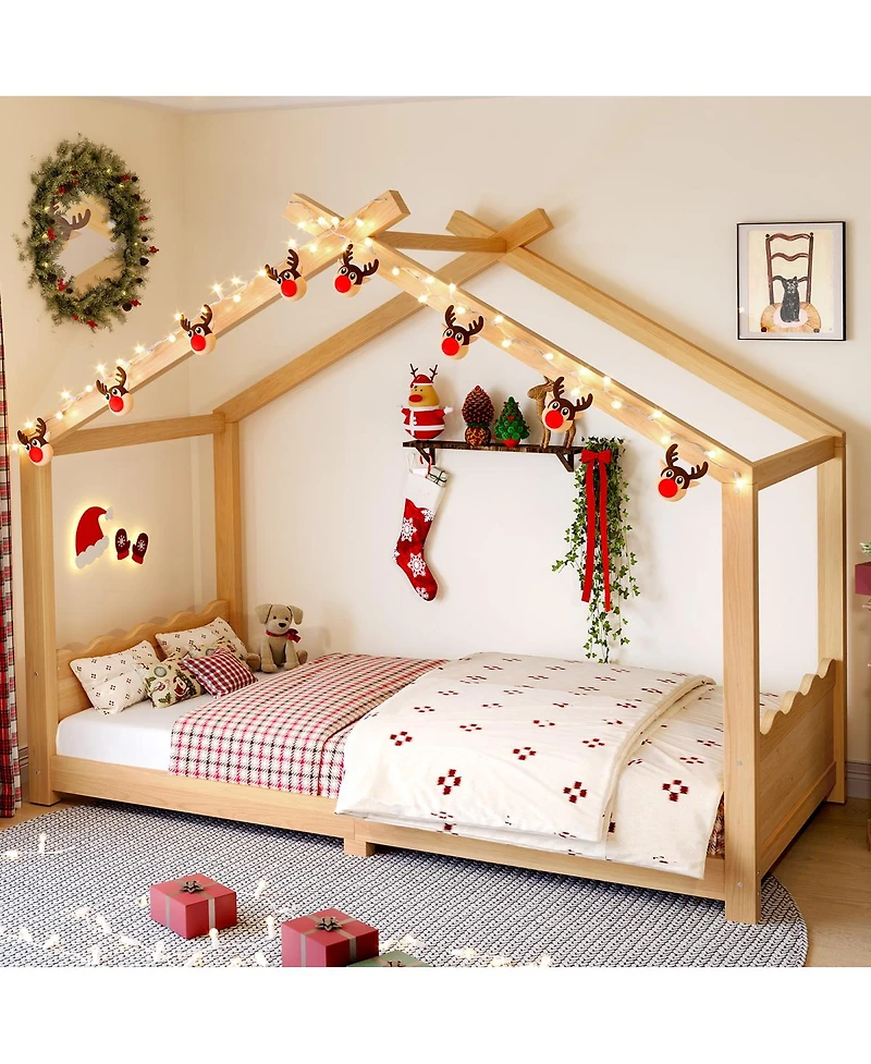 Streamdale Furniture Twin House Floor Bed with Slats, Solid Wood House Bed Frame for Kids