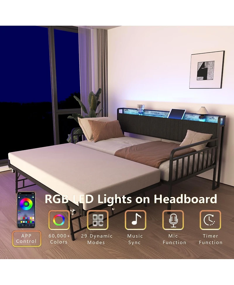 Streamdale Furniture Daybed with Trundle, Metal Twin Bed Frame with Headboard & Charging Station