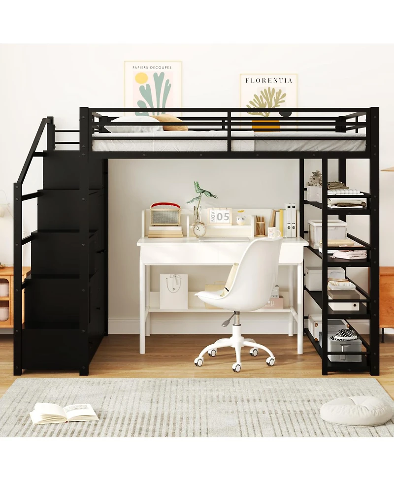 Streamdale Furniture Metal Loft Bed with Storage Shelves, Cabinets and Wardrobe