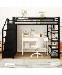 Streamdale Furniture Metal Loft Bed with Storage Shelves, Cabinets and Wardrobe