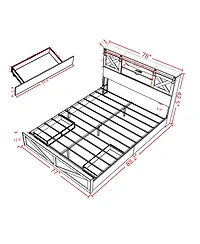 Streamdale Furniture Farmhouse King Bed Frame with Led Lights, Charging Station & Storage Drawers