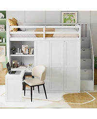 Streamdale Furniture Full Size Loft Bed with Wardrobe, Desk and Shelves
