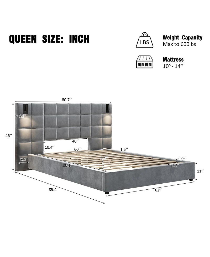 Streamdale Furniture Queen Size Velvet Upholstered Bed Frame with Usb Port