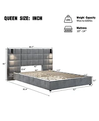 Streamdale Furniture Queen Size Velvet Upholstered Bed Frame with Usb Port