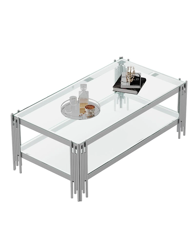 Streamdale Furniture Double Layer Tempered Glass Coffee Table with Mirror Stainless Steel Frame