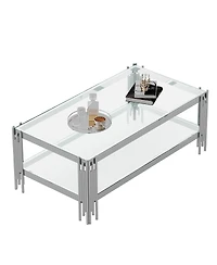 Streamdale Furniture Double Layer Tempered Glass Coffee Table with Mirror Stainless Steel Frame