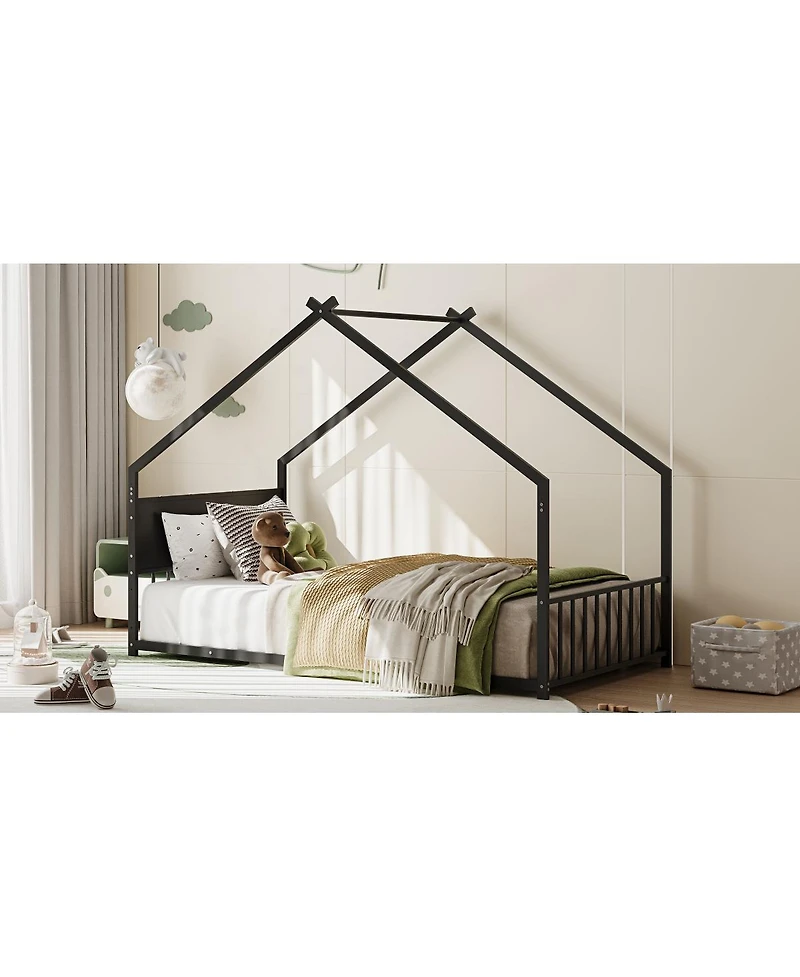 Streamdale FurnitureTwin Size House Bed with Roof & Lights, Metal Frame, No Box Spring (Black)