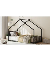 Streamdale FurnitureTwin Size House Bed with Roof & Lights, Metal Frame, No Box Spring (Black)
