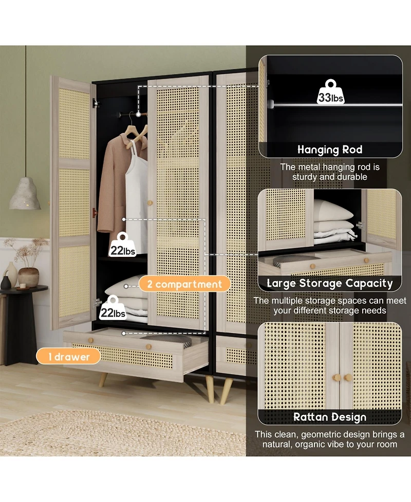 Streamdale Furniture 70" Rattan Door Armoire Boho Wardrobe Closet