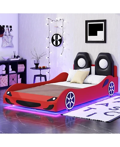 Streamdale Furniture Wood Race Car Twin Bed with Led