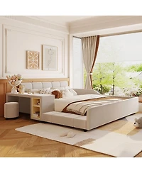 Streamdale Furniture Upholstered Grounded Bed with Bedside Desk & Stool