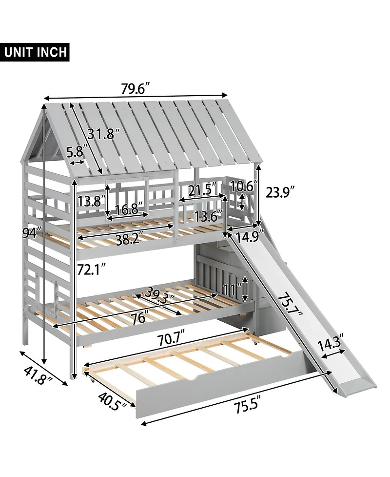 Streamdale Furniture Twin over Twin House Bunk Bed with Trundle, Slide, Stairs, Roof, Window