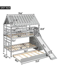 Streamdale Furniture Twin over Twin House Bunk Bed with Trundle, Slide, Stairs, Roof, Window