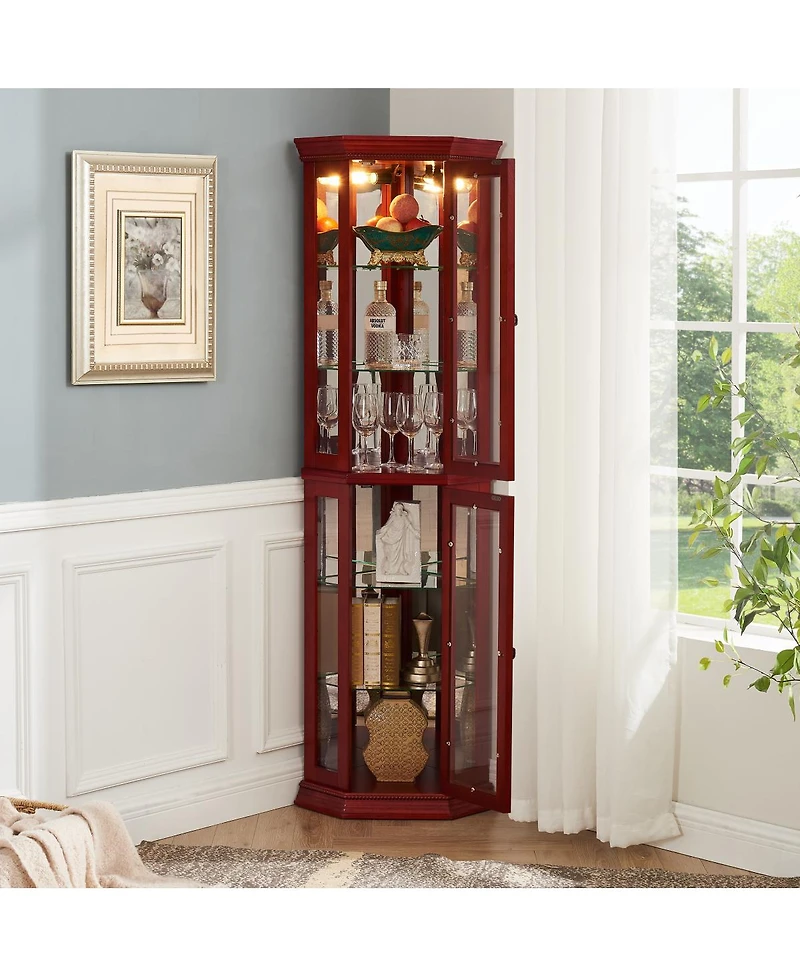 Streamdale Furniture Lighted Corner Curio Cabinet - Glass Display Shelf, Tempered Glass Doors, Adjustable Shelving