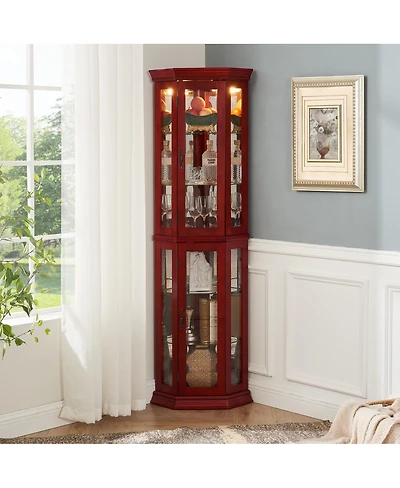 Streamdale Furniture Lighted Corner Curio Cabinet - Glass Display Shelf, Tempered Glass Doors, Adjustable Shelving