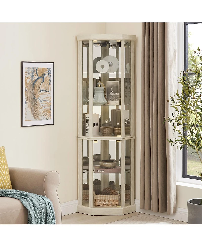 Streamdale Furniture Corner Lighted Curio Cabinet with Glass Storage, Antique White
