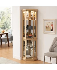 Streamdale Furniture Lighted Corner Curio Cabinet Display Case for Living Room, Wine, Bar Storage, Light Oak