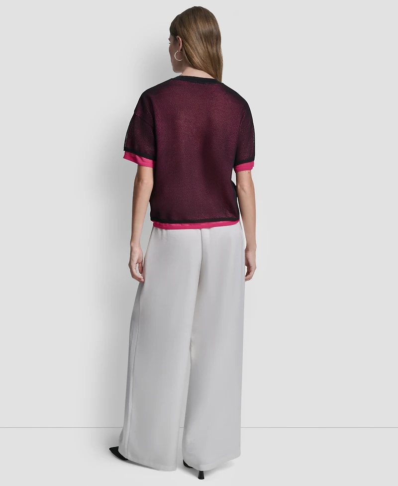 Dkny Women's Short-Sleeve Boxy 2-Layer Mesh Sweater