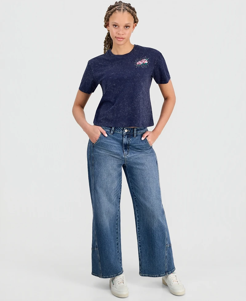 Rebellious One Juniors' Rose Graphic Mineral Wash T-Shirt