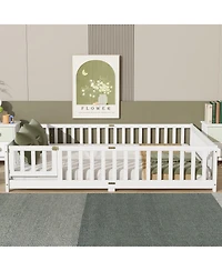 Streamdale Furniture Queen Size Floor Bed with Fence, Door, and Safety Guardrails