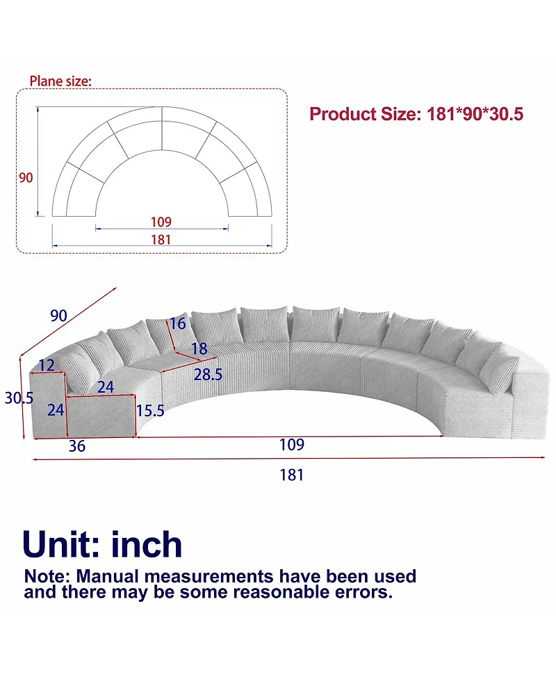 Streamdale Furniture Corduroy Curved Sectional Foam Sofa with 12 Pillows, Semi-Circular Modular Design