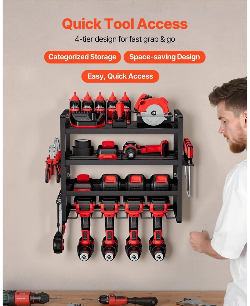 Mecale Wall-Mount Power Tool Organizer, 4-Tier Storage Rack with 4 Drill Holders, Screwdriver Holder, Garage Tool Storage Rack