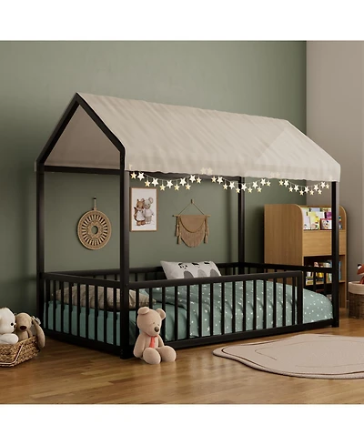 Streamdale Furniture Twin Montessori Metal Floor Bed Frame, House with Fence, Easy Assemble, Black
