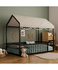 Streamdale Furniture Twin Montessori Metal Floor Bed Frame, House with Fence, Easy Assemble, Black