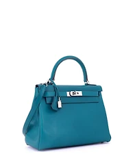 Pre-Owned HERMES Kelly 28 Handbag Blue Tadelakt with Palladium Hardware