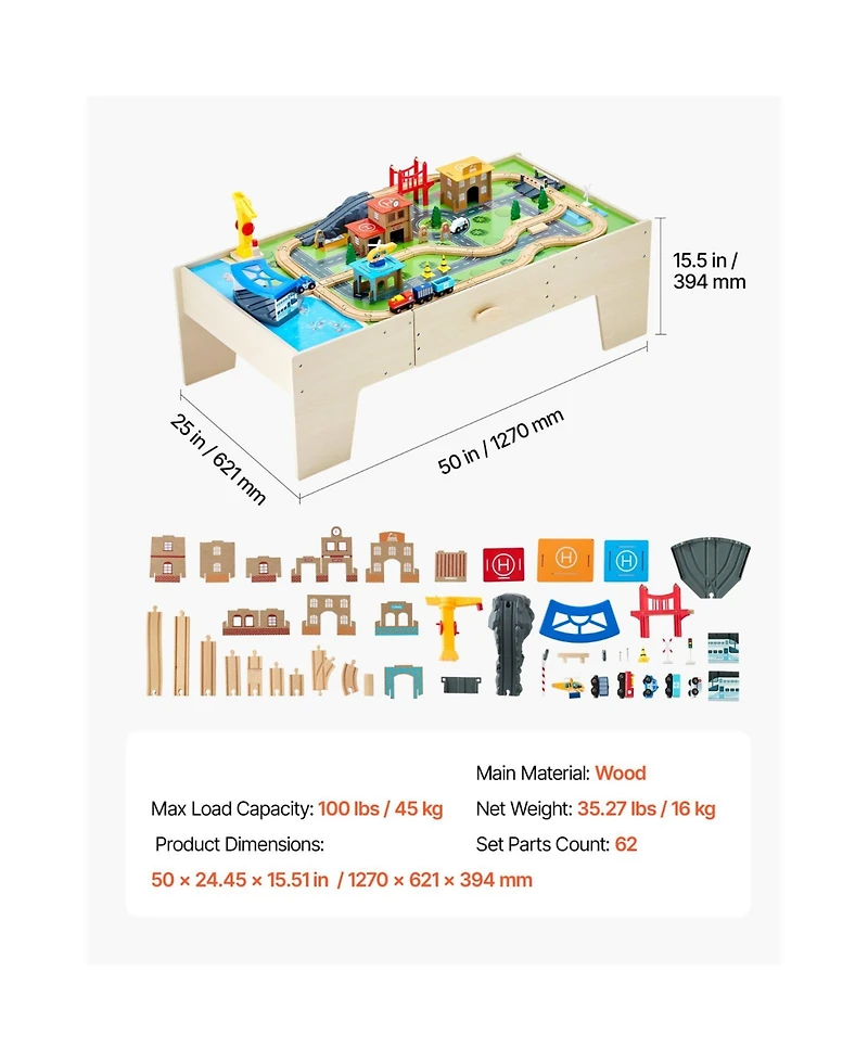 Slickblue Kids Train Table with 62 Wooden Pieces and Large Storage Drawer