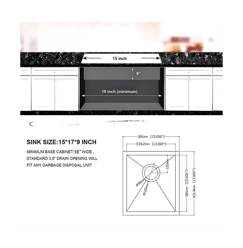 flynama 15x17x9 Inch Undermount Stainless Steel Kitchen Sink 16 Gauge 304 Single Bowl With Drain Assembly