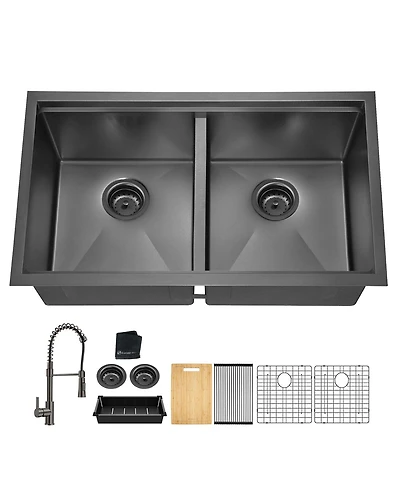 flynama huluwat 33x19x10inch Gunmetal Black Undermount Double Bowl Kitchen Sink All In One Stainless Steel