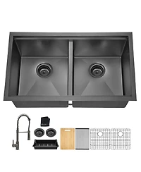flynama huluwat 33x19x10inch Gunmetal Black Undermount Double Bowl Kitchen Sink All In One Stainless Steel