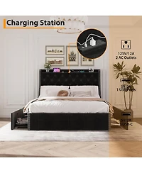 gaomon Wingback Headboard 4-Drawer Velvet Upholstered Platform Bed Frame with Charging Station