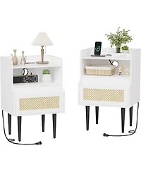 gaomon Nightstand Set of 2, Rattan End Table with Charging Station, 2 Open Shelves Beside Table with Drawer and Solid Legs, White