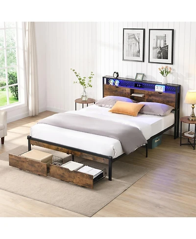Streamdale Furniture King Platform Bed with Headboard, Usb Ports, Storage Drawers, Led Lights