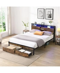 Streamdale Furniture King Platform Bed with Headboard, Usb Ports, Storage Drawers, Led Lights