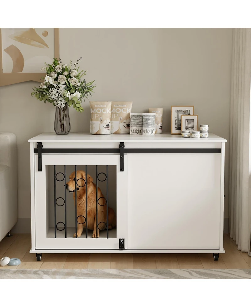 Aostirmotor Dog Crate with Metal Bars and Lockable Wheels in White